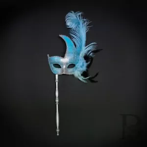 Holding Stick Party Mask | Feather Masquerade Mask Silver Mint Blue M6131 - Picture 1 of 5