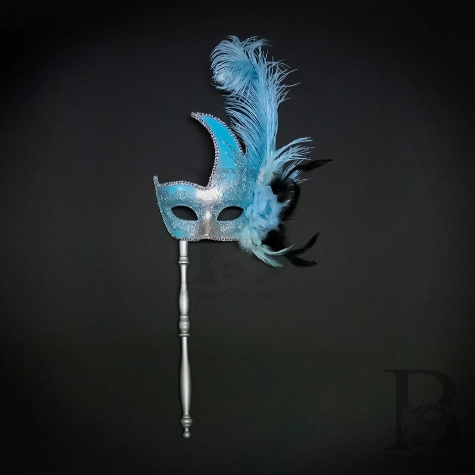 Holding Stick Party Mask | Feather Masquerade Mask Silver Mint Blue M6131 - Image 1 of 4