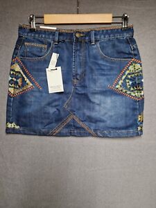 Brave Soul Blue Denim Embroidered Short Skirt UK 12 BNWT 