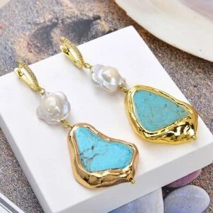 Cultured White Flower Keshi Pearl Blue Turquoise Slice Leverback Dangle Earrings - Picture 1 of 6