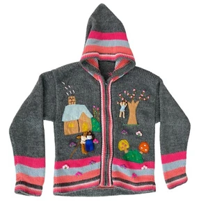 VintageHandmade Kids Colorful Embroidered Christmas Peruvian Gray Hooded Cardiga - Picture 1 of 11