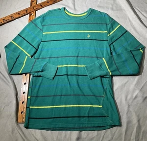 Volcom Shirt Mens XL Green Thermal Waffle Knit Striped Y2K Spellout Skater - Picture 1 of 13