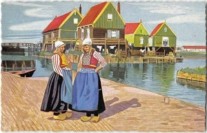 DUTCH GIRLS Wooden Shoes MARKEN North Holland 1950s Amsterdam Vintage Postcard - Picture 1 of 2