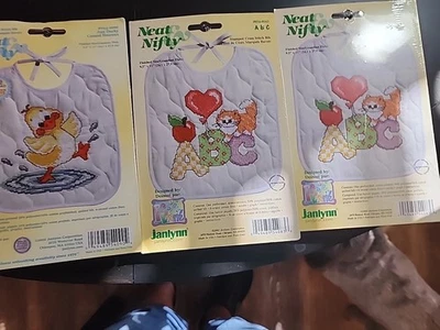 3 Janlynn Neat & Nifty Stamped Cross Stitch Bib Kits 064-0090,054-0083, 054-0083 - Image 1 of 4