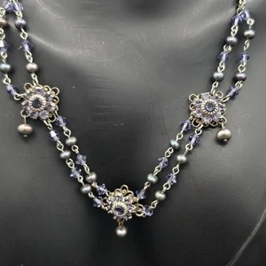 Vintage 1928 Jewelry Necklace Purple Crystal Faux Pearl Filigree Victorian... - Picture 1 of 19