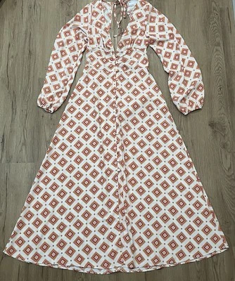 ASOS DESIGN Tie Back Maxi Tea Dress in 70’s Geo Print Retro Women’s Size 4 - Image 1 of 4