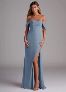 Azazie Saige - Abito convertibile in chiffon spalle scoperte blu polvere A2 nuovo con etichette - Foto 1 di 12