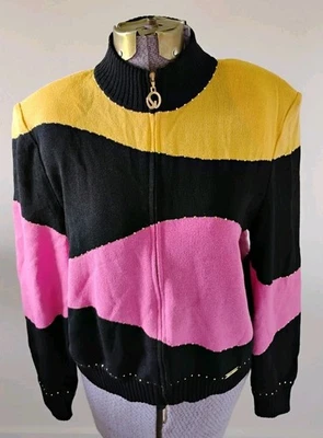 St John Santana Knit Jacket Zip Front Colorblock Logo Pull Black Pink Yellow S - Image 1 of 4