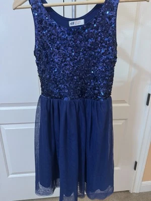 Lindo Vestido Brillante Azul Marino Lentejuelas Cuentas H&M Niñas 14 Malla Red Sin Mangas Foto 1 de 3