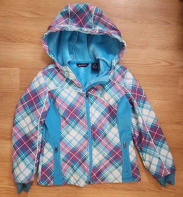 Snozu 格子连帽夹克女孩尺寸,7/8 长袖蓝色羊毛衬里 — 第 1/4 张图片