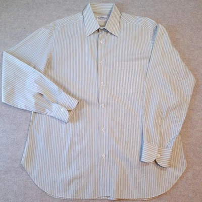 Brioni Dress Shirt 40 | 15 3/4 Beige Green Stripe Wilkes Bashford Italy Cotton - Image 1 of 4
