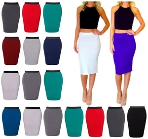 WOMENS OFFICE STRETCH PLAIN BODYCON MIDI PENCIL SKIRT PLUS SIZE UK 8-26 - Picture 1 of 15