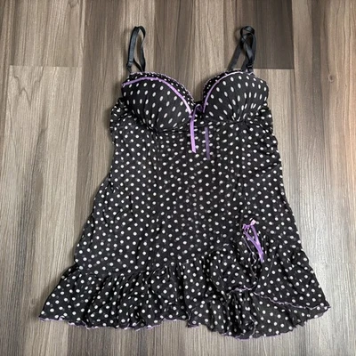 Bisou Bisou Y2K Babydoll Slip Lingerie Polka Dot Women's Size Large Black Purple - Image 1 of 4