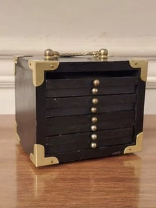 Vintage Mid Century Campaign Style -9 Pc Coaster Set - Black Wood w/Cork & Brass - Picture 1 of 21