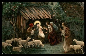 Postcard Christmas Blessing, Nativity Scene with Sheep - Picture 1 of 2