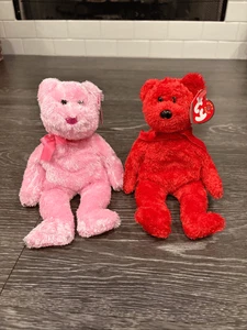 TY Beanie Babys 2001-2004 2 Stück rosa & Ted Bären Stofftiere - Bild 1 von 6