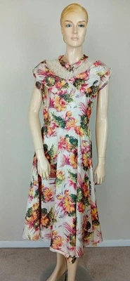 VESTIDO DE VERANO VINTAGE ANTIGUO AÑOS 40 ROSA Y NARANJA ESTAMPADO FLORAL ACAMPANADO TÉ 12 Foto 1 de 4