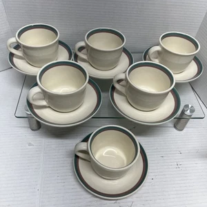 Tazas de café de enebro Pfaltzgraff con platillos bandas verdes para 6 - Imagen 1 de 9