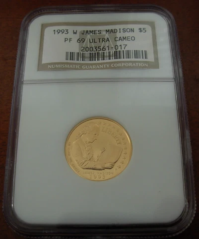 US 1993 W Gold $5 NGC PF69UC James Madison Cover