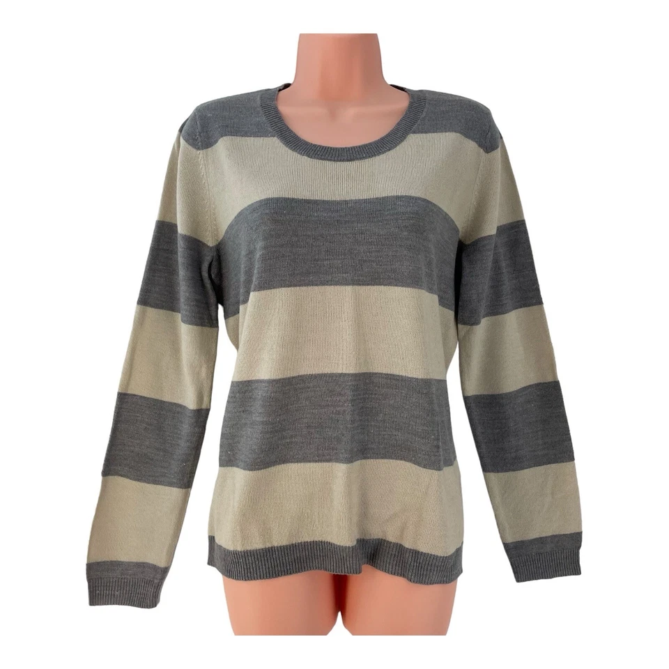 Papaya Mujer Beige y Gris Rayas Punto Suéter Manga Larga Cuello Redondo Talla 14 Foto 1 de 4