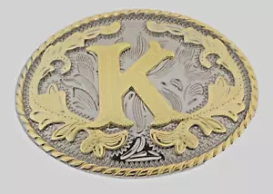 INITIAL K LETTER k MEN WOMEN RODEO REALLY COWBOY STYLE GOLD METAL BELT BUCKLE - Picture 1 of 7