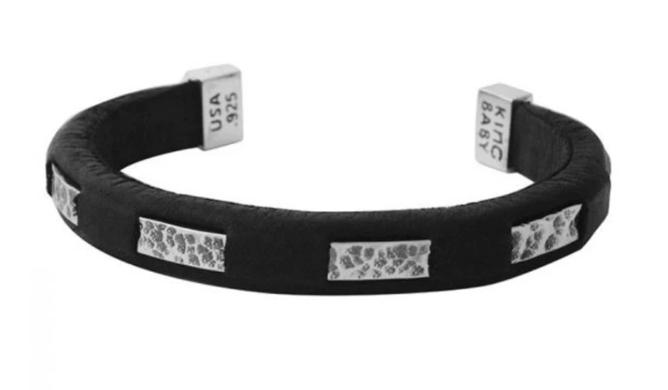 KING BABY K40-5828 LEATHER CUFF W/ HAMMERED TEXTURE WIRE 925 STERLING M 8.75" - Image 1 of 1