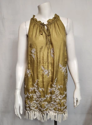 Túnica/vestido David Meister talla L seda chartreuse bordado con flecos Foto 1 de 4