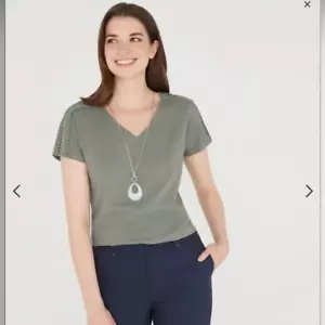 New Laura Ashley Cotton Khaki Green V-Neck Eyelash Trim Top T-shirt Blouse UK14 - Picture 1 of 12