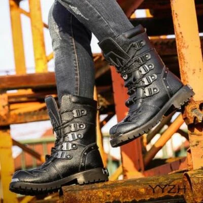Botas para Hombres Punk Motociclista Combate Encaje Negras Motocicleta Geniales Góticos Militares Zapatos Foto 1 de 4