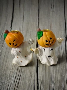 ¡LINDO! Candelabros de cerámica vintage de Halloween Jack-o’-lantern Ghost - Imagen 1 de 10