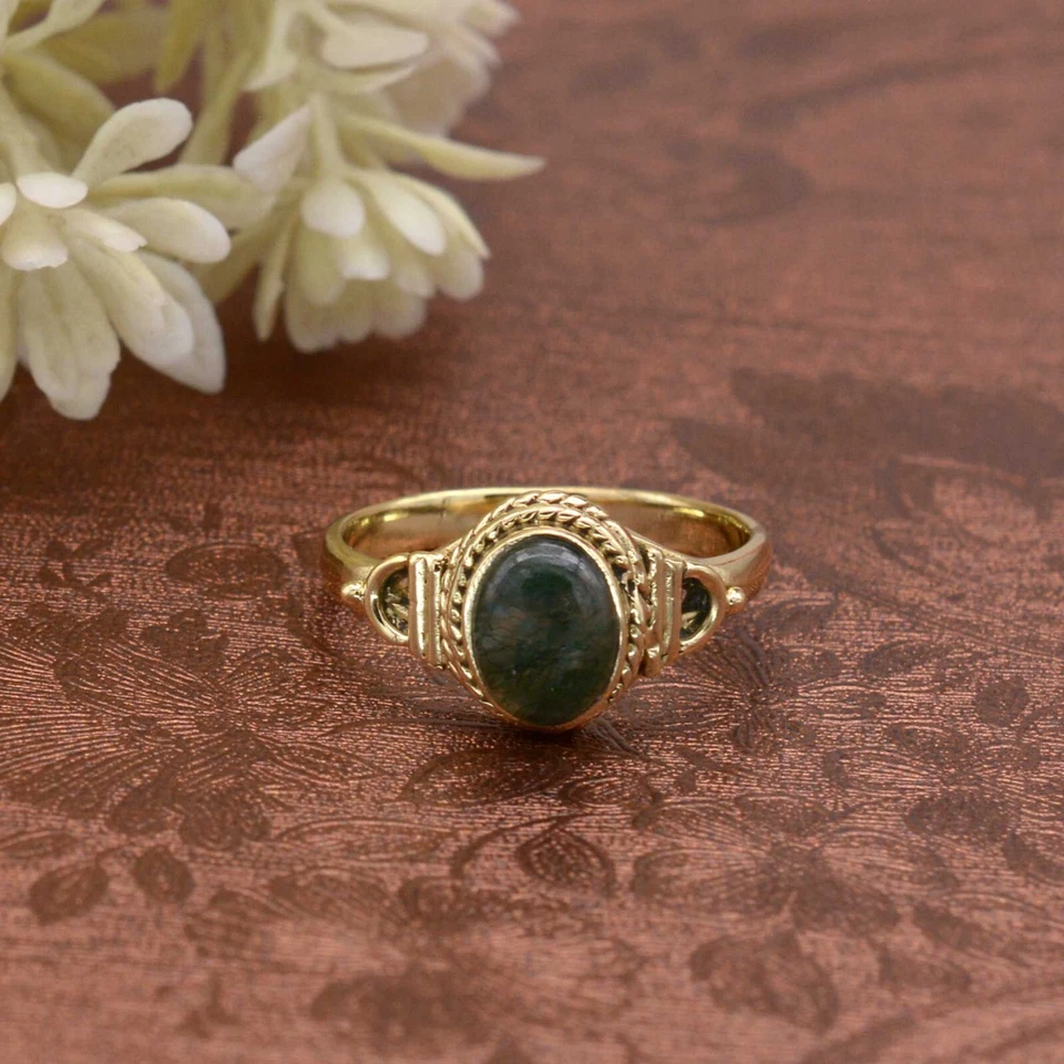 Moss Agate Ring Brass Gold Women Ring Promise Engagement Ring Gift For Mother - Image 1 of 4