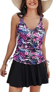 Women's Tankini Swimsuits Tummy Control Two Piece V Neck Ruched Size XL - Picture 1 of 3