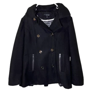 Y2K HARVE BENARD Black & Animal Print Polyester Hooded Double Breasted Peacoat - Picture 1 of 15