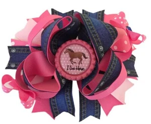 Hair Bow Alligator Clip Boutique I Love Horses Pink & Denim UK Seller ๐ฌ๐ง - Picture 1 of 6