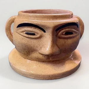 MCM Vintage Two Tiki Faces Heads Speckled Yellow Ceramic Succulent Pot Vase - Picture 1 of 8