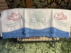 Vintage Pillow Case Hand Embroidered Dove Bird Lilly Valley Blue Lace Trimmed - Picture 1 of 4