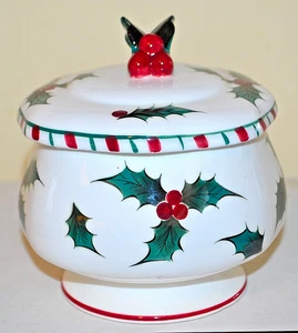 Lefton Holly Candy Cane Covered Dish Candy Jar Christmas Hand Decorated W/Lid - Picture 1 of 7