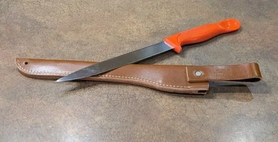 Cuchillo de filete vintage Gerber "Fisher" - mango de cuchara - naranja con funda original Foto 1 de 4