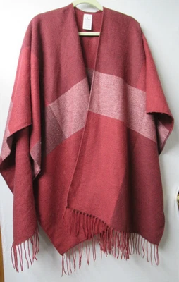 Poncho Woolrich feminino tamanho único xadrez com franjas xale cabo sudoeste boho vermelho - Imagem 1 de 4