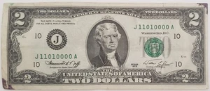 $2 Dollar Bill 1976 series True Binary Serial Number 11010000A - Picture 1 of 8