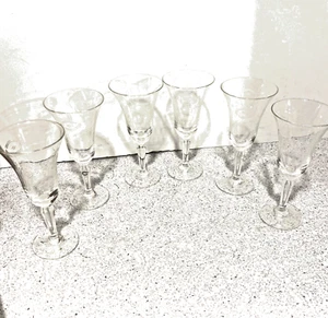 Vintage Etched Clear Crystal Cordial Glasses Flare Rim Set of 6 Mid Century Bar - Picture 1 of 10