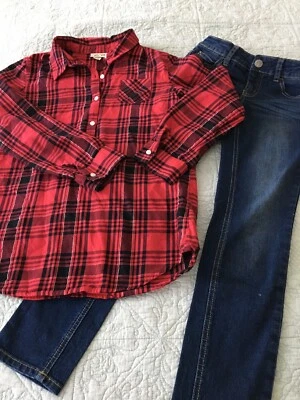 Justice Talla 8 Super Skinny Jeans Rojo Cuadros Camisa Conjunto Cherokee Foto 1 de 4