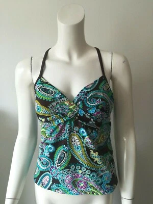 Athleta Multi Color Brown Paisley Cross Back Underwire Swimwear Tankini Top XS - Image 1 of 4