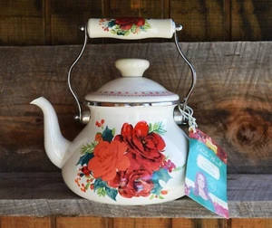 NWT Pioneer Woman Enamel on Steel Cheerful Rose 1.9 QT Tea Kettle Holiday Ed - Picture 1 of 18