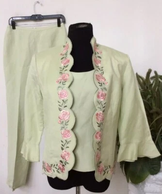 NWT Coldwater Creek Women’s Green Floral Embroidery 3Piece Pant Suit Size 8 $280 - Image 1 of 4