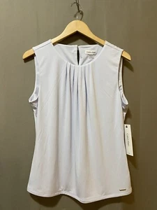 NWT Calvin Klein Women Sleeveless Pleat Neck Stretch Jersey Top SZ L Light Blue - Picture 1 of 12