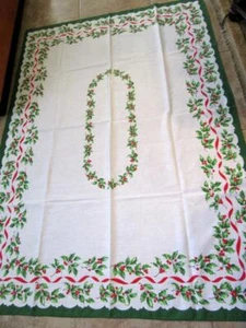 Vintage White Christmas Tablecloth w/ Red Ribbons & Green Holly with Red Berries - Picture 1 of 1
