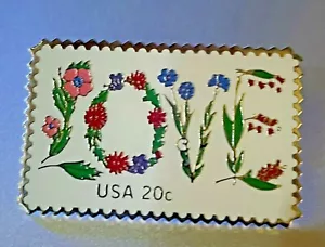 1982 Vintage LOVE Series Flower Floral USA Postage Stamp 20 cent Lapel Brooch - Picture 1 of 7