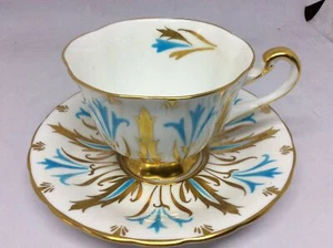 Beautiful Vtg Royal Chelsea Turquoise Blue & Gold Teacup&Saucer Mid Century - Picture 1 of 3