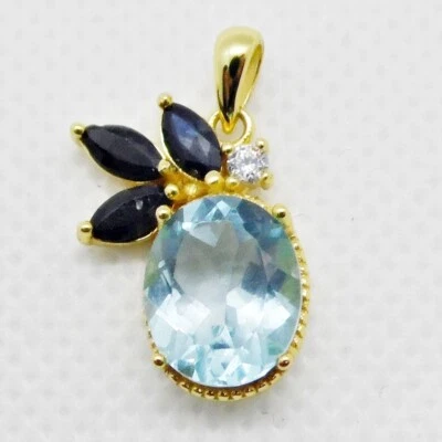 Sky Blautopas Saphir Zirkonia Anhänger 925 Silber 750 Gelbgold vergoldet - Bild 1 von 4